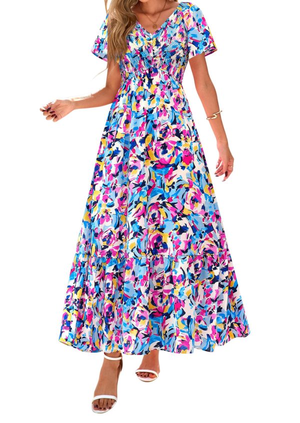 Women Floral Boho Maxi Dresses Summer Short Sleeve V Neck Smocked A Line Long Flowy Beach Vacation Dress