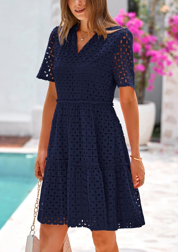 Summer Dresses for Women 2025 V Neck Hollow Out Eyelet Ruffle A Line Swing Short Beach Vacation Dress
