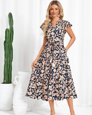 Womens Summer Floral Midi Dresses Short Sleeve Beach Wedding Guest Dress Drawstring Long Flowy Dress with Pockets