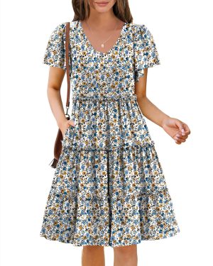 Summer Tiered Mini Dress with Pockets Ruffle Sleeve V-Neck Casual Dress A Line Boho Flowy Sundress 2025 Vacation