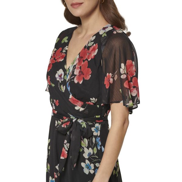 Women's Fit and Flare V Neck Cape Sleeve Dress