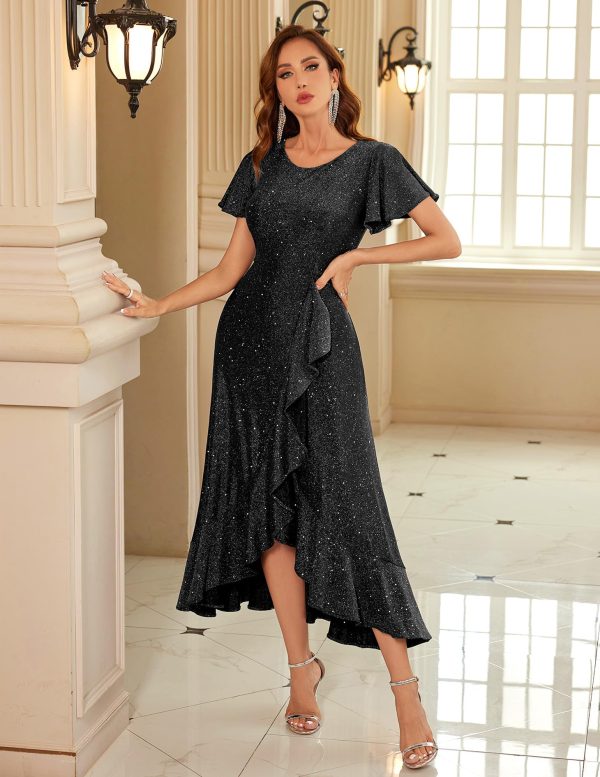 Women Sequin Formal Party Dress Flutter Short Sleeve Wedding Cocktail Long Evening Dress