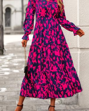 Women Spring Dresses 2025 Casual Long Sleeve V Neck Maxi Dresses Floral Boho Long Dress Wedding Guest Dress