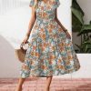 Women's Summer Casual Dress Flutter Short Sleeve V Neck Button Down Tiered Flowy Long Dress with Pockets