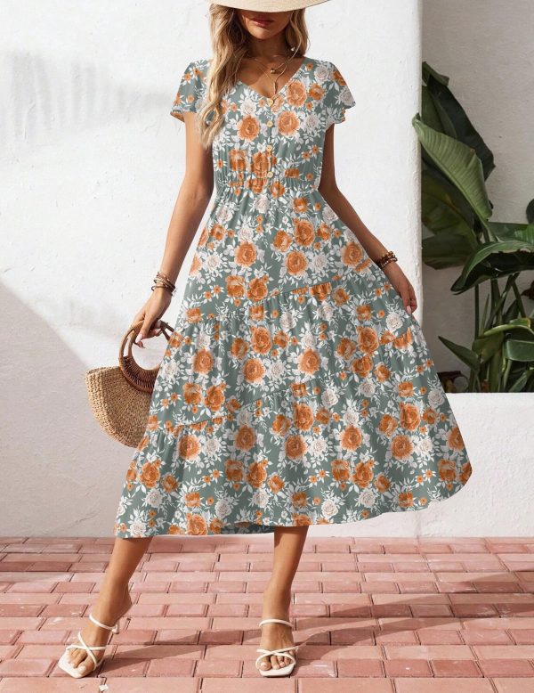 Women's Summer Casual Dress Flutter Short Sleeve V Neck Button Down Tiered Flowy Long Dress with Pockets