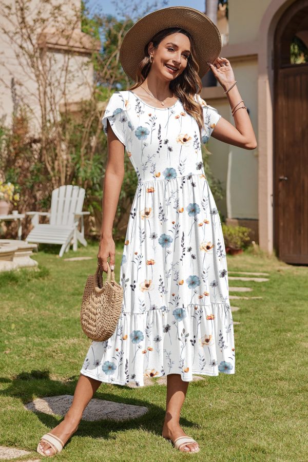 Women Summer Midi A Line Dress Short Sleeve Casual Flowy Tiered Beach Long Sundress with Pockets 2025 Vacation Travel