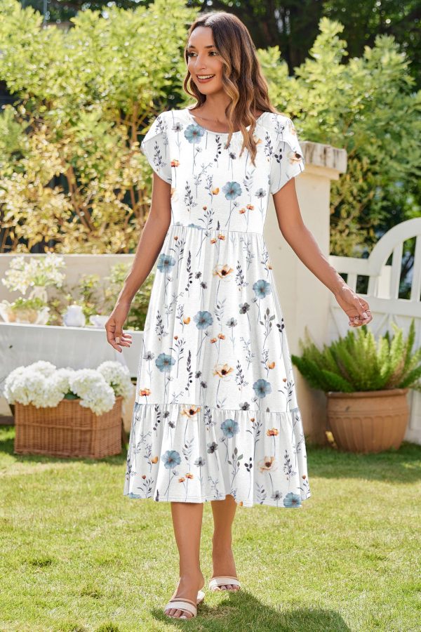Women Summer Midi A Line Dress Short Sleeve Casual Flowy Tiered Beach Long Sundress with Pockets 2025 Vacation Travel