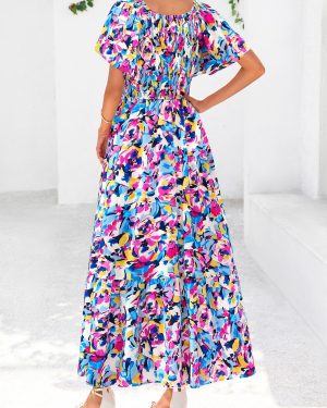 Women Floral Boho Maxi Dresses Summer Short Sleeve V Neck Smocked A Line Long Flowy Beach Vacation Dress