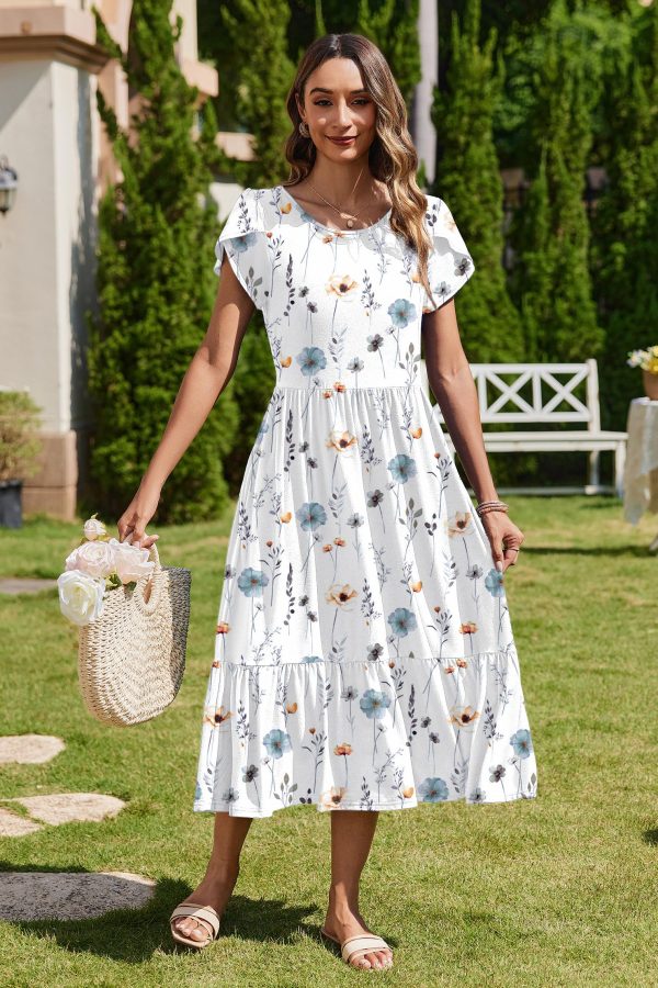 Women Summer Midi A Line Dress Short Sleeve Casual Flowy Tiered Beach Long Sundress with Pockets 2025 Vacation Travel