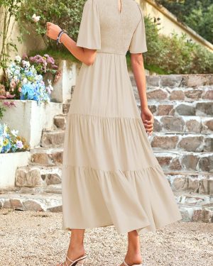 Womens Fashion 2025 Spring Summer Casual Flutter Short Sleeve Midi Dress Smocked Tiered Aline Going Out Dresses
