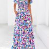 Women Floral Boho Maxi Dresses Summer Short Sleeve V Neck Smocked A Line Long Flowy Beach Vacation Dress