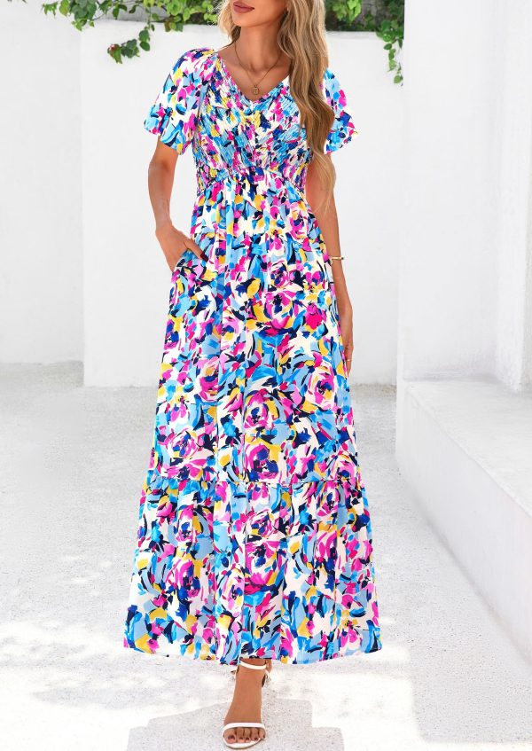 Women Floral Boho Maxi Dresses Summer Short Sleeve V Neck Smocked A Line Long Flowy Beach Vacation Dress