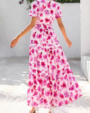 Women's 2025 Summer Boho Maxi Dresses Floral Short Sleeve V Neck A Line Tiered Flowy Long Beach Vacation Dress