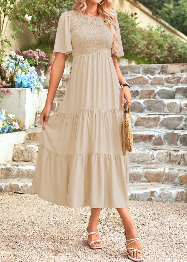 Womens Fashion 2025 Spring Summer Casual Flutter Short Sleeve Midi Dress Smocked Tiered Aline Going Out Dresses