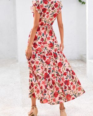 Women's 2025 Summer Floral Midi Dress Cap Sleeve V Neck Ruffle Long Flowy Boho Casual Beach Vacation Dresses