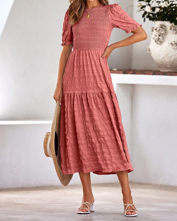 Womens Summer Dresses 2025 Casual Puff Short Sleeve Crewneck Smocked Flowy Ruffle Boho Beach Party Maxi Sundress