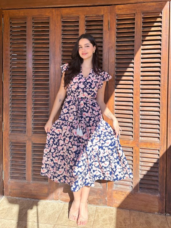 Womens Summer Floral Midi Dresses Short Sleeve Beach Wedding Guest Dress Drawstring Long Flowy Dress with Pockets