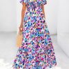 Women Floral Boho Maxi Dresses Summer Short Sleeve V Neck Smocked A Line Long Flowy Beach Vacation Dress