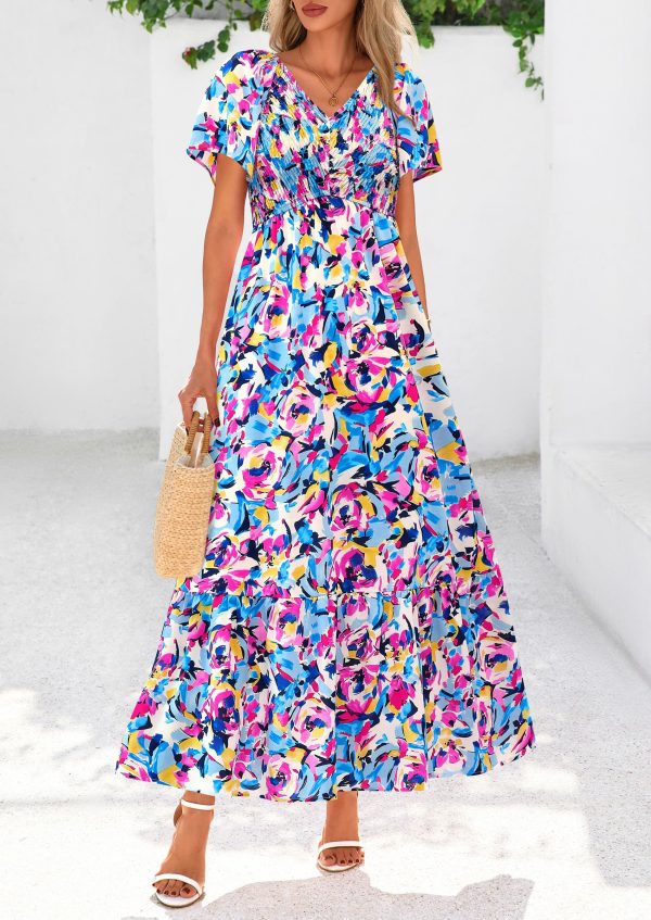 Women Floral Boho Maxi Dresses Summer Short Sleeve V Neck Smocked A Line Long Flowy Beach Vacation Dress