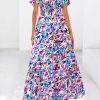 Women Floral Boho Maxi Dresses Summer Short Sleeve V Neck Smocked A Line Long Flowy Beach Vacation Dress