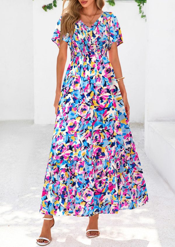 Women Floral Boho Maxi Dresses Summer Short Sleeve V Neck Smocked A Line Long Flowy Beach Vacation Dress
