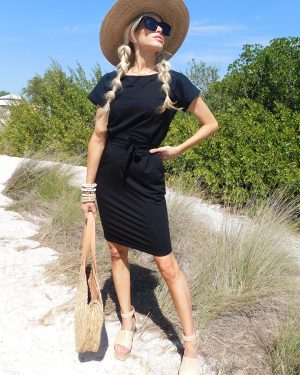 Women's Summer Short Sleeve Crewneck Striped Dress Basic Solid Tie Waist Office T Shirt Dresses Pockets