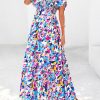 Women Floral Boho Maxi Dresses Summer Short Sleeve V Neck Smocked A Line Long Flowy Beach Vacation Dress