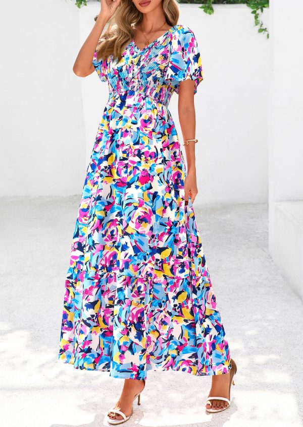 Women Floral Boho Maxi Dresses Summer Short Sleeve V Neck Smocked A Line Long Flowy Beach Vacation Dress