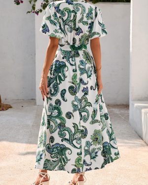 Women Puff Sleeve Boho Floral Maxi Dress 2025 Spring Summer Button Shirt V Neck Flowy Belted Beach Vacation Dresses
