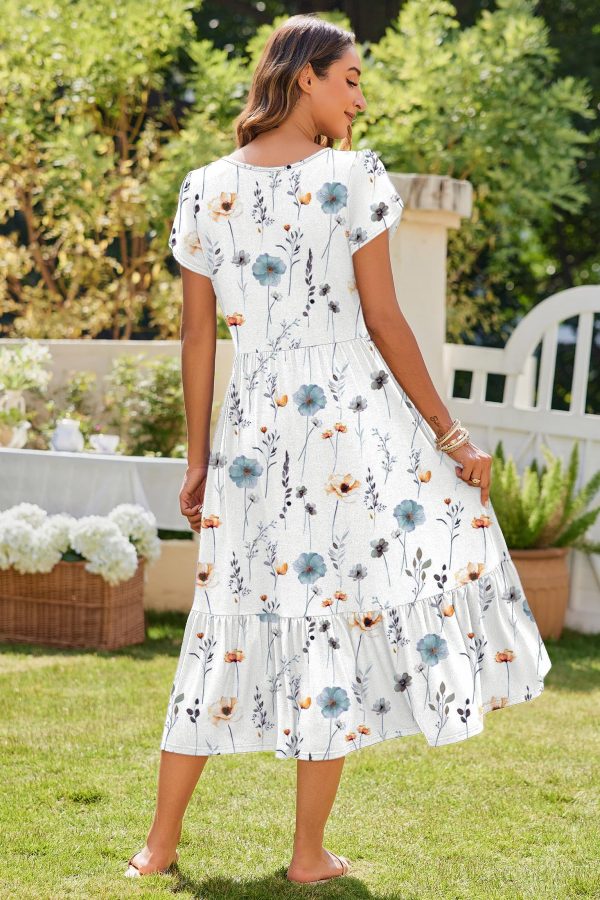 Women Summer Midi A Line Dress Short Sleeve Casual Flowy Tiered Beach Long Sundress with Pockets 2025 Vacation Travel