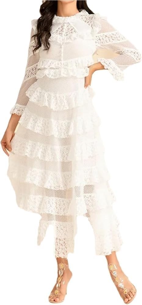 Women's White Lace Long Dress Elegant Ruffled Waist Long Sleeve Slim Fit Party Dress