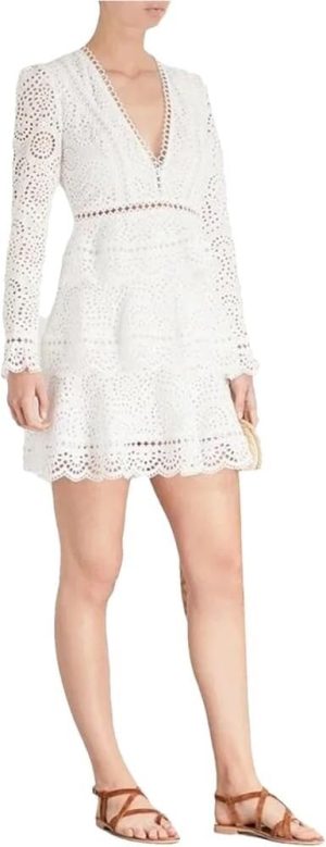 Women's Wedding Guest Dress Spring Lace V-Neck Bohemian Gown Hollow Long Sleeve Sexy White Party Dress(Short_Medium)