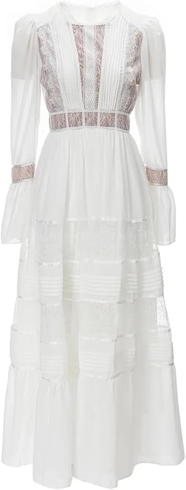 Women's Retro Lace Spliced Chiffon Dress Round Neck Hollow Layered Elegant Party Festive Dresses