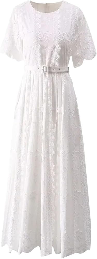 41CvQpWf-RL.jpg Women's White Vintage Casual Daily Wear Vacation Dresses Flower Embroidery Lace Princess Dress
