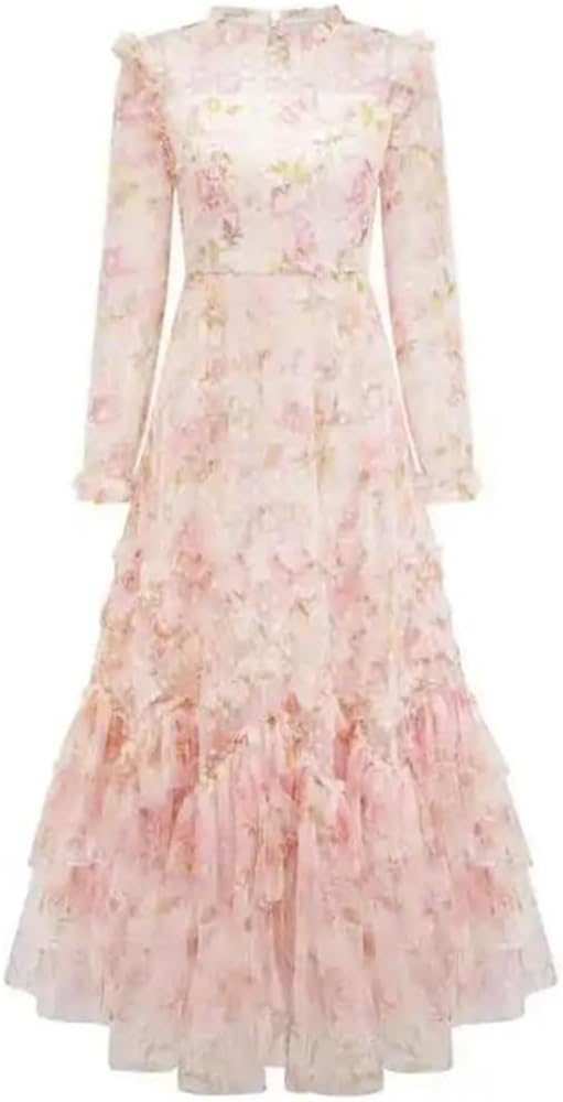 Women Floral Lace Patchwork Summer Maxi Dress Sequin Long Sleeve Crew Neck Slim Casual Dress