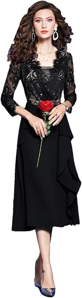 Women Elegant Cocktail Party Dress Ruffles Lace Midi Dresses Fashionable Appliques Bodycon Formal Evening Guest Outfit