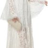 Women's Vintage Striped Hollow Lace Long Sleeve Dress Suspender Inner Slim Fit Maxi Dresses