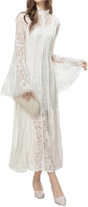 Vintage Lace Hollow Out Flowing Long Skirt Women's Striped Slim Fit Flare Sleeve Dresses French Solid Suspender Travel Dress