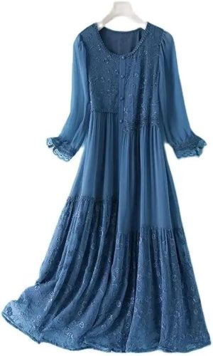 Womens Black Dress Solid Crew Neck Lace Embroidery A Line Midi Beach Holiday Party Dresses