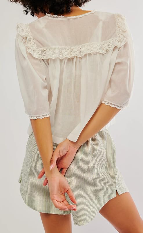 Women Y2K See Through Peplum Shirt Ruffle Lace Trim Buttons Tops Short Sleeve Doll Collar Babydoll Blouse Streetwear