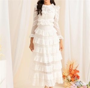 Women's White Lace Long Dress Elegant Ruffled Waist Long Sleeve Slim Fit Party Dress