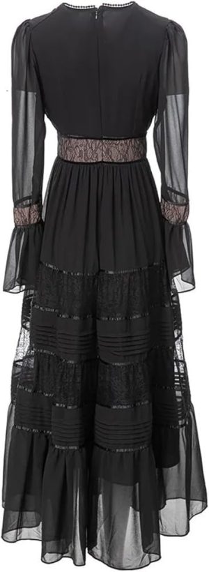 Women's Retro Lace Spliced Chiffon Dress Round Neck Hollow Layered Elegant Party Festive Dresses