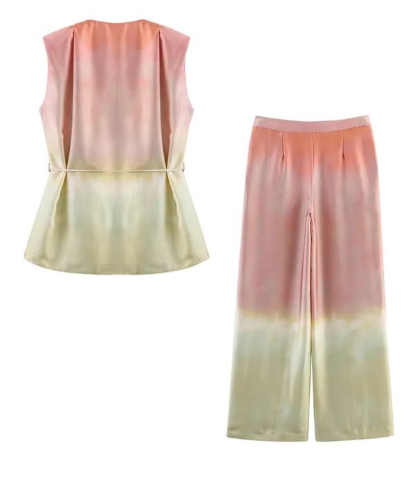 Women Printed Belted Vest & Pants Set, V‑Neck Single‑Button Top + Zipper Slim Trousers
