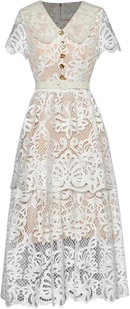 Womens Vintage Party Dress V-Neck Short Sleeve Lace Up Hollow Out Button Lace Formal Evening Maxi Long Dresses