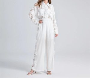 Women's Lace Shirt Set - Hollow Out Top & Elastic Waist Pants 2-Piece