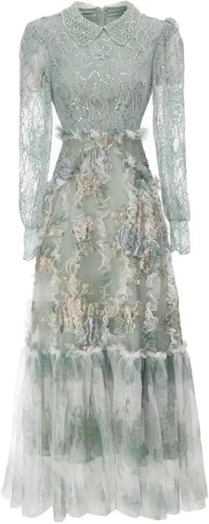 Women Vintage Lantern Sleeve Lace Maxi Dresses Sequin Mesh Ruffle Patchwork Party Dress