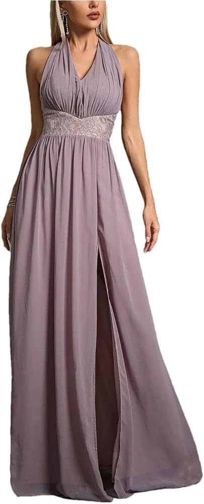 Women Elegant Pleated Strap V-Neck Chiffon Top Lace Split Skirt Evening Dresses Ball Party Dress