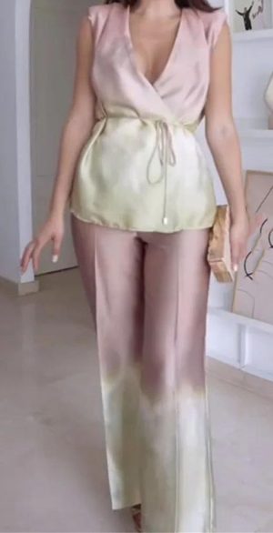 Women Printed Belted Vest & Pants Set, V‑Neck Single‑Button Top + Zipper Slim Trousers