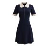 Women's 2025 Knit Lace Collar Dress - Short Sleeve Color Block
