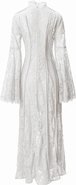 Women's Vintage Striped Hollow Lace Long Sleeve Dress Suspender Inner Slim Fit Maxi Dresses